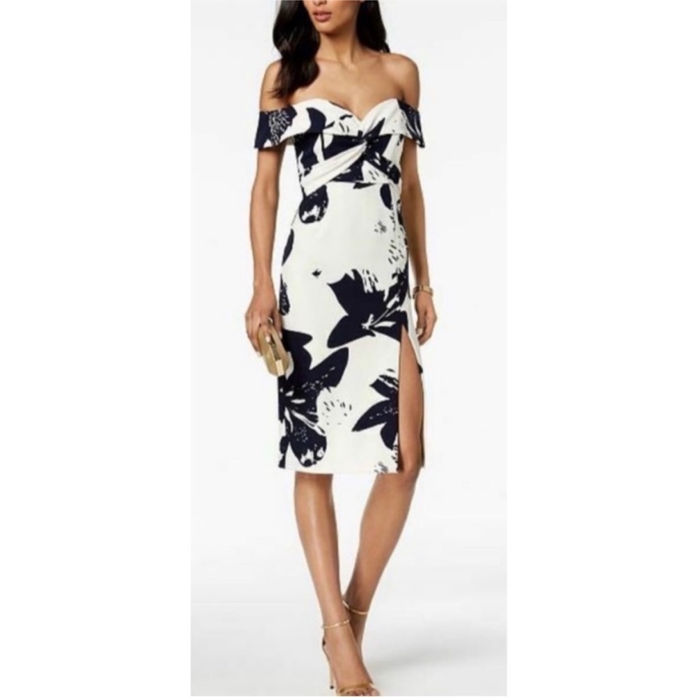 Bardot Off-Shoulder Floral Midi Dress in Black and White